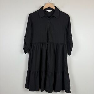 Ripe Maternity Adel Mini Shirt Dress Women S Black Linen Blend Roll-Tab Sleeve